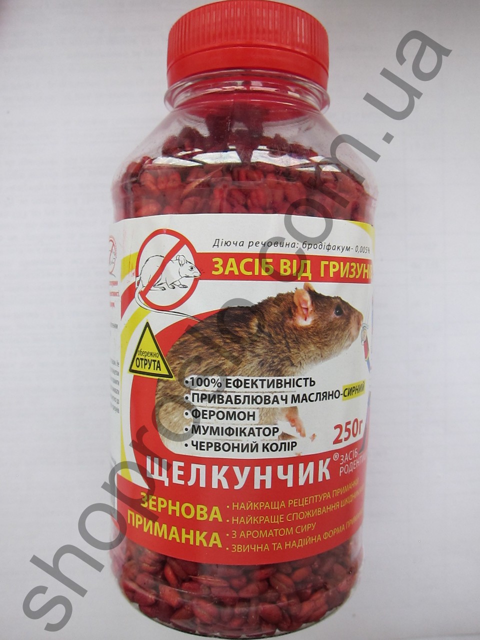 Родентицид Лускунчик зернова приманка, сирна,  ПЕТ пляшка (червона), (Україна), 250 г