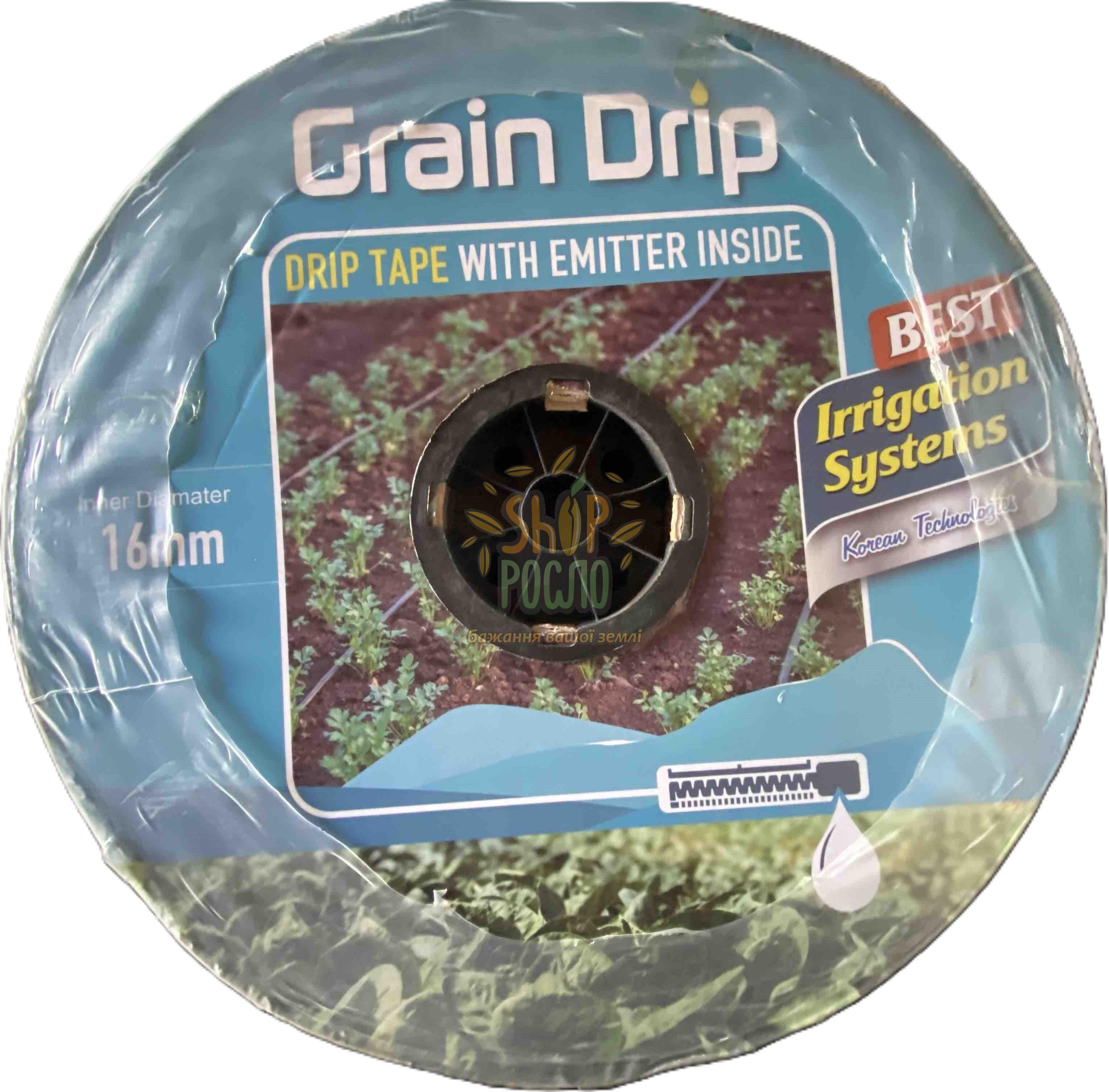 Капельная лента Grain Drip (Корея) 8 mil/10 см, водовылив 1,38 л/ч, эмиттерная, 1000 м