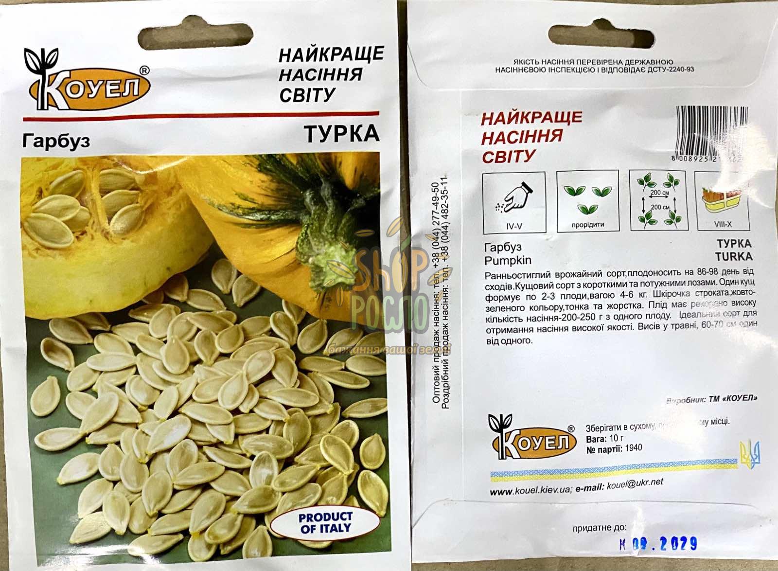 Семена тыкві Турка, ранний сорт на семена,  Коуэл (Италия), 10 г