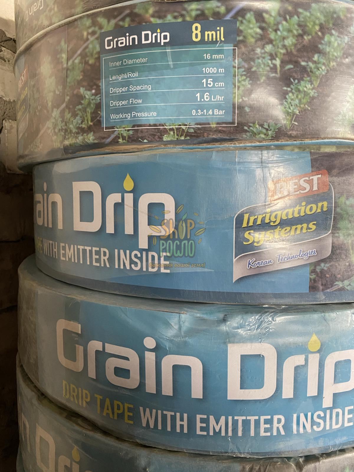 Капельная лента Grain Drip (Корея) NEW 8 mil/15 см, водовылив 1,6 л/ч, эмиттерная, 1000 м