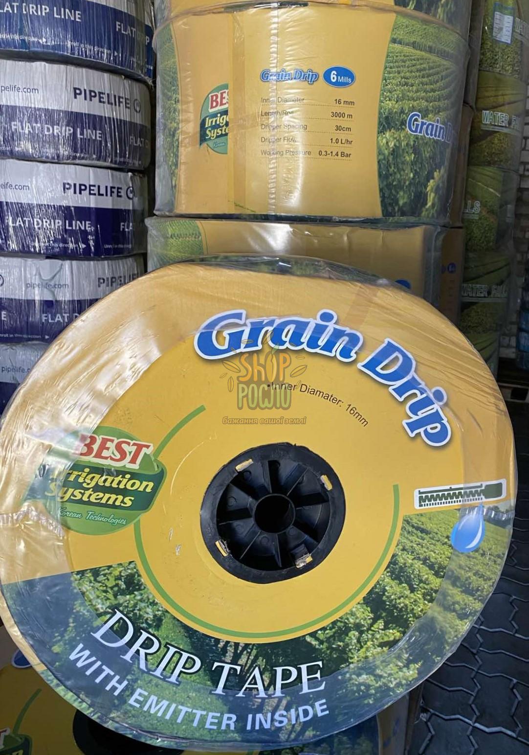 Капельная лента Grain Drip (Корея) NEW 6 mil/30 см, водовылив 1,0 л/ч, эмиттерная, 3000 м