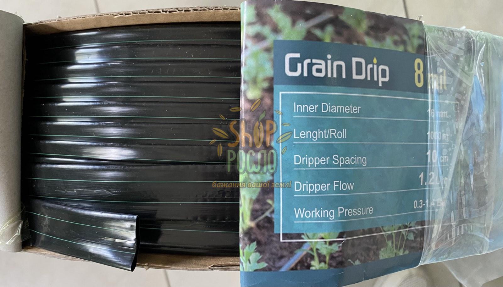 Крапельна стрічка 8 mil/10 см, водовилив 1,2 л/г, щілинна, 1000 м.  "Grain Drip" (Корея)