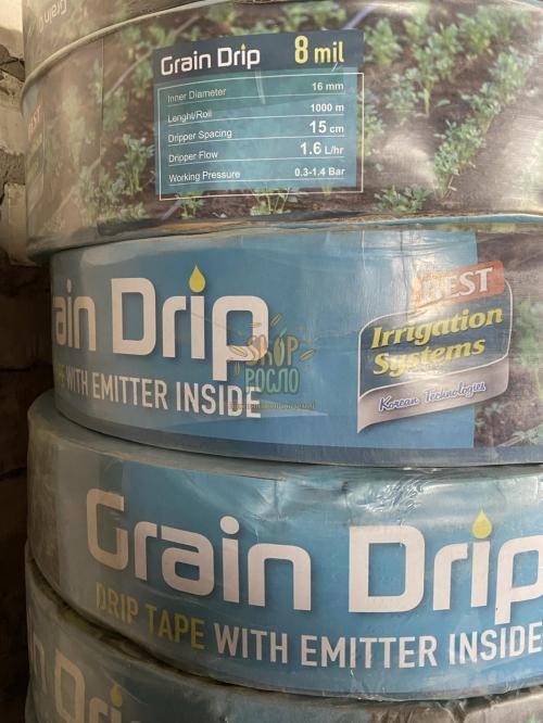 Капельная лента Grain Drip (Корея) NEW 8 mil/15 см, водовылив 1,6 л/ч, эмиттерная, 1000 м